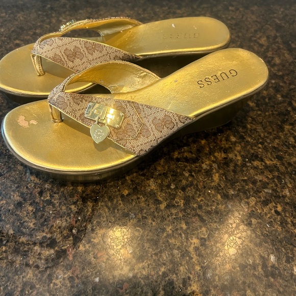 GUESS Gold and Tan Wedge Sandals - Picture 3 of 7